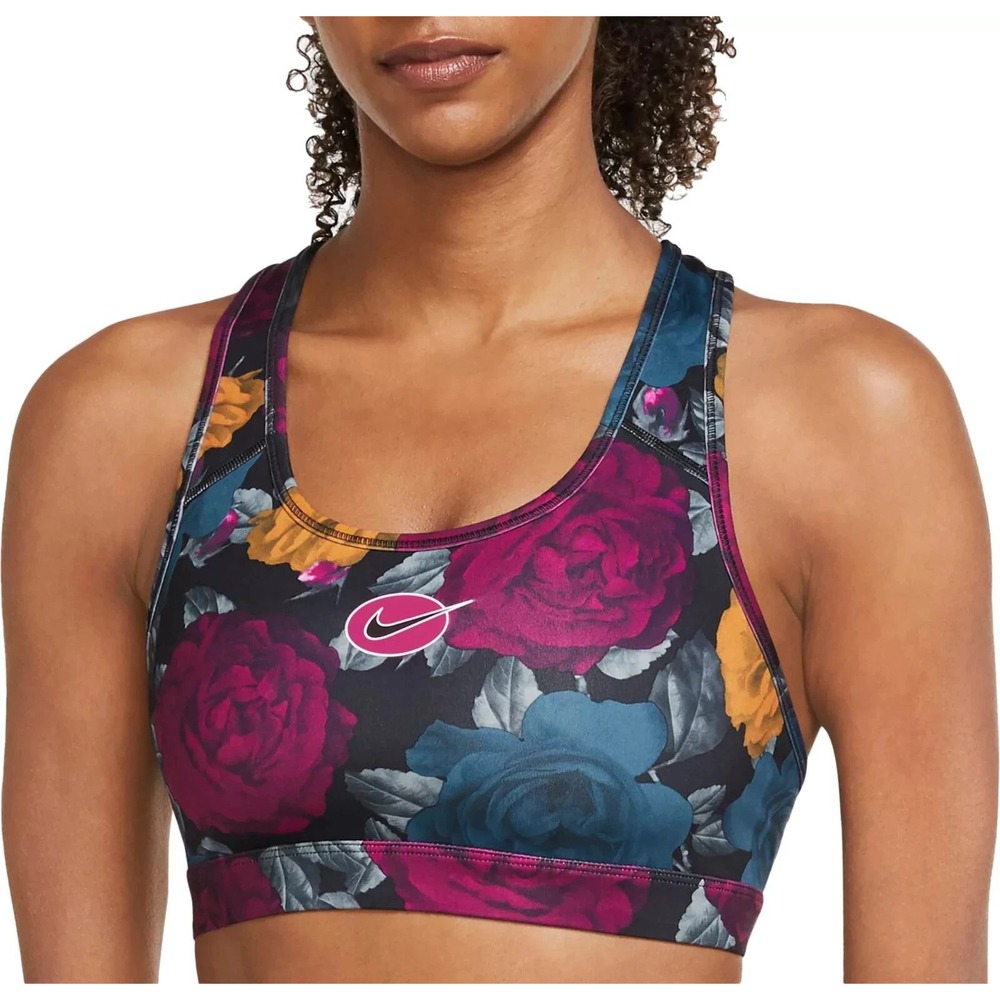 Nike Womens Dri-FIT Floral Rose Print Strappy Cross Back Sports Bra Large Black